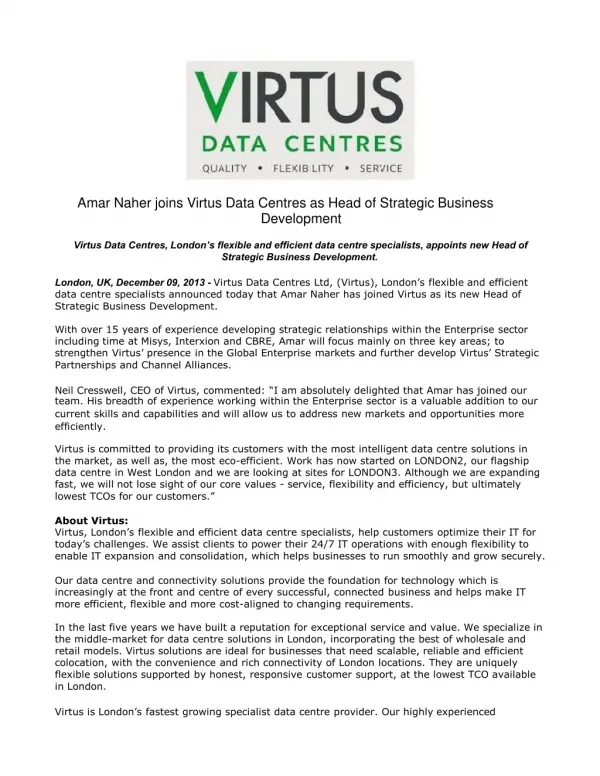 Amar Naher joins Virtus Data Centres as Head of Strategic Bu