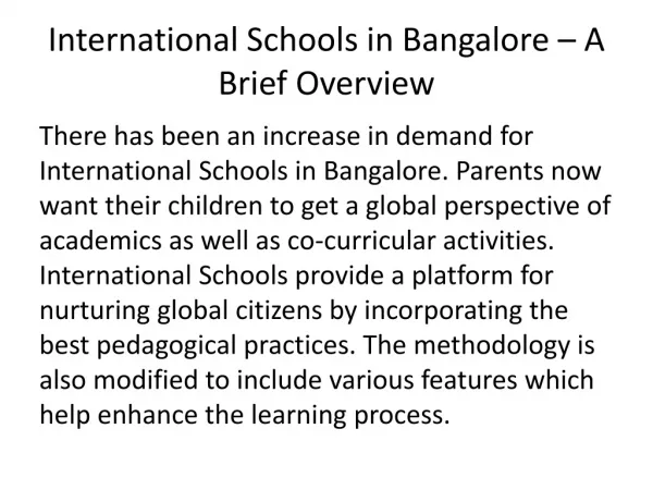 International Schools in Electronic City, Bangalore -A Brief