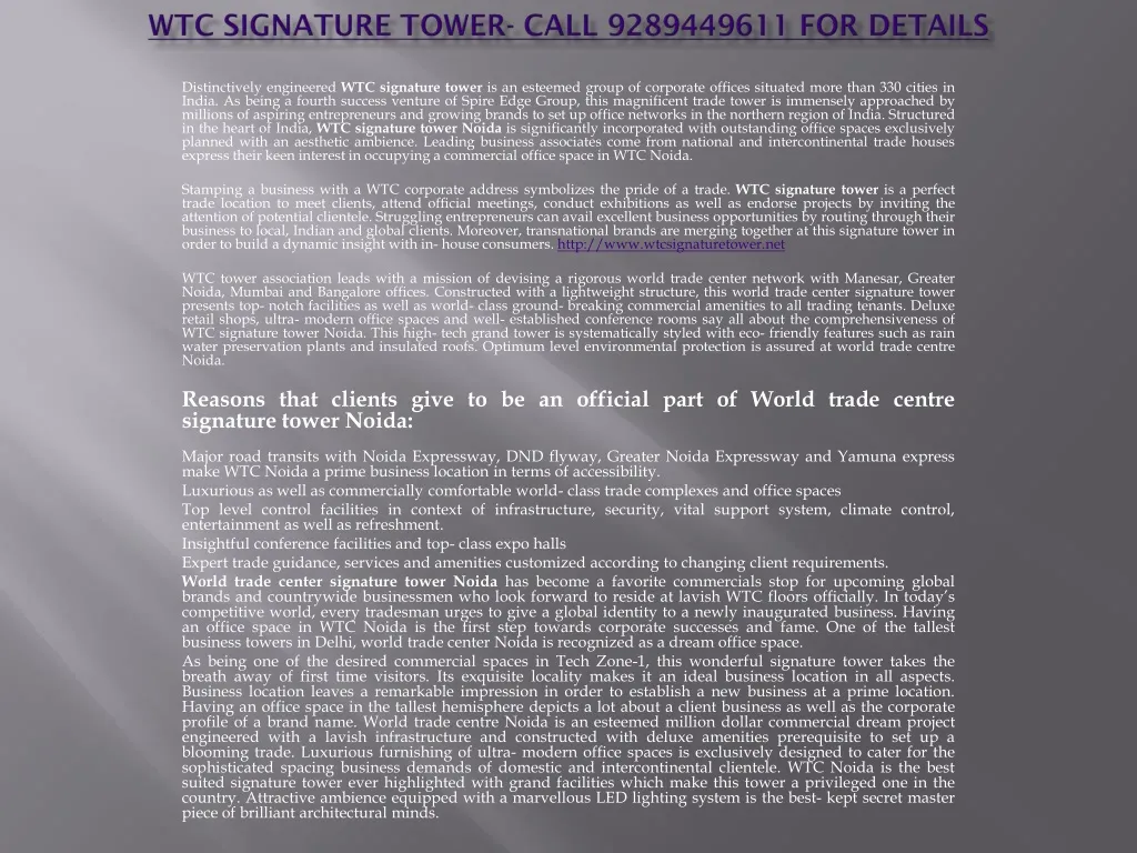 w tc signature tower call 9289449611 for details