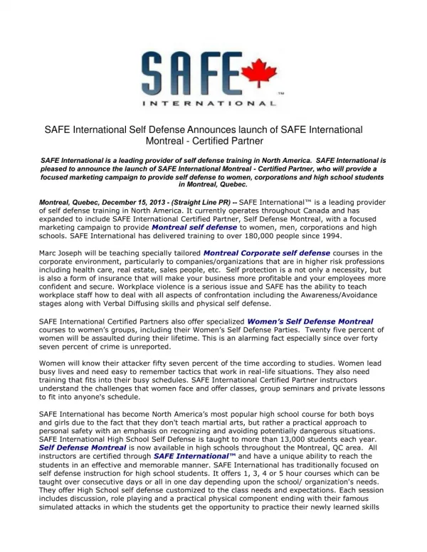 SAFE International Self Defense Announces launch of SAFE Int