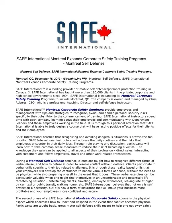 SAFE International Montreal Expands Corporate Safety Trainin