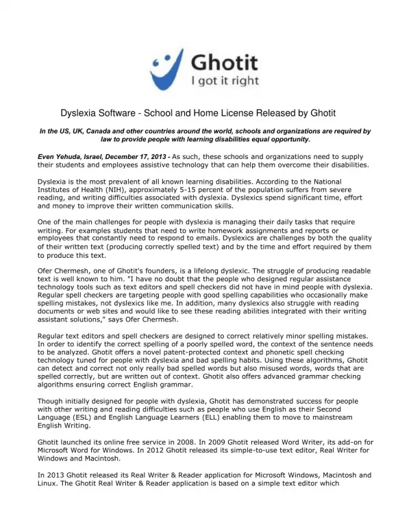 Dyslexia Software - School and Home License Released by Ghot