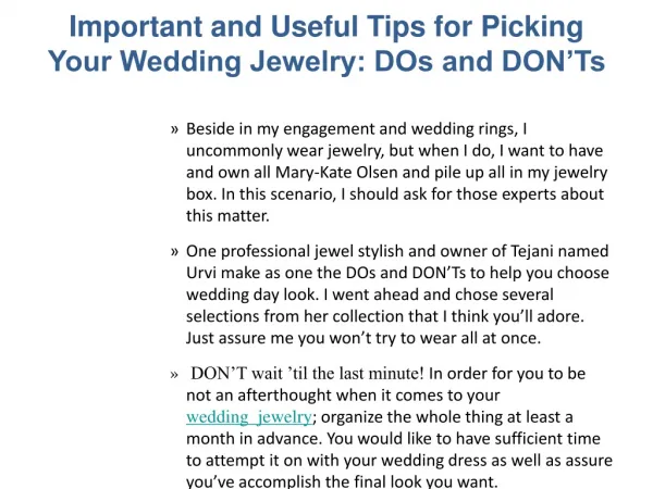 Important and Useful Tips for Picking Your Wedding Jewelry: