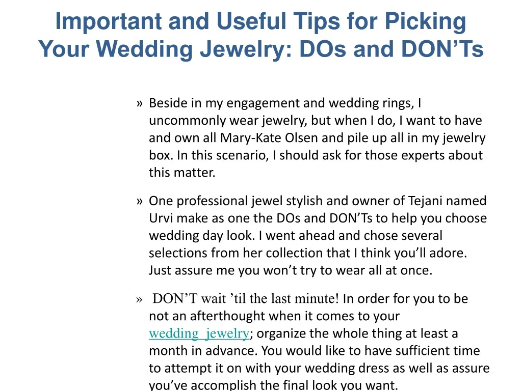 important and useful tips for picking your wedding jewelry dos and don ts