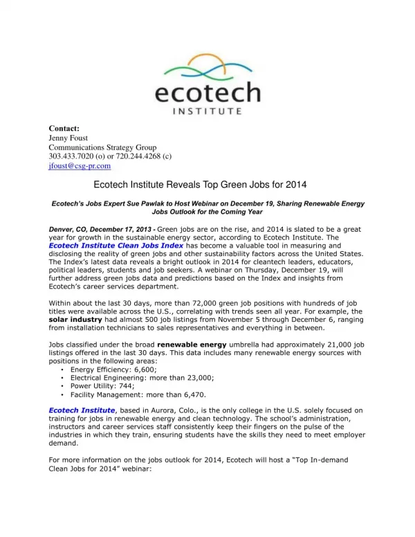 Ecotech Institute Reveals Top Green Jobs for 2014