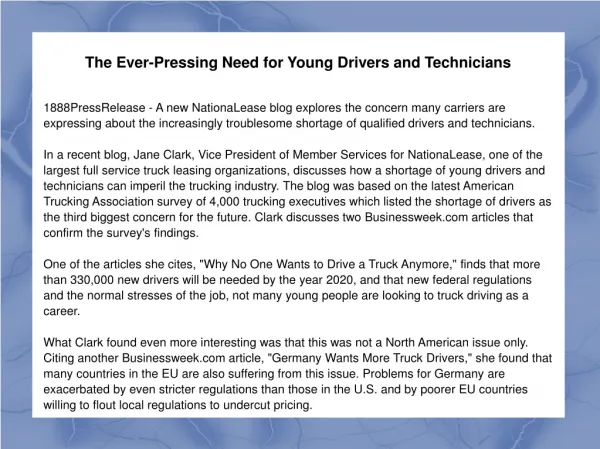 The Ever-Pressing Need for Young Drivers and Technicians
