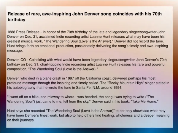 Release of rare, awe-inspiring John Denver song