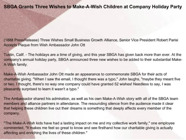 SBGA Grants Three Wishes to Make-A-Wish Children at Company