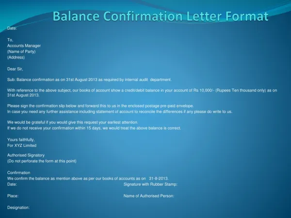 Balance Confirmation Letter Format