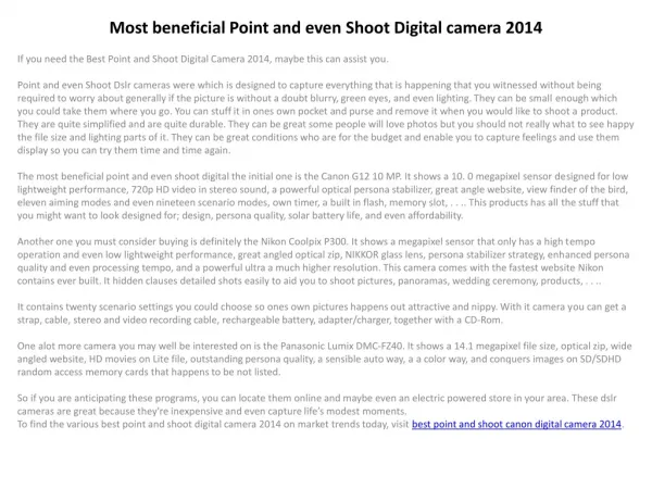 Most beneficial Point and even Shoot Digital camera 2014