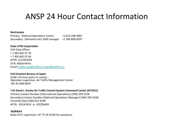 ANSP 24 Hour Contact Information
