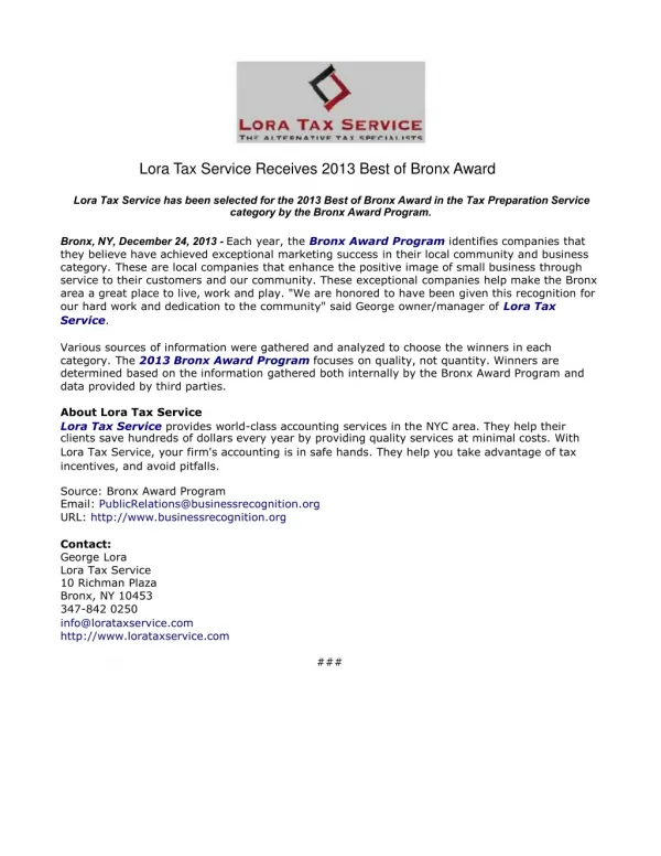 Lora Tax Service Receives 2013 Best of Bronx Award