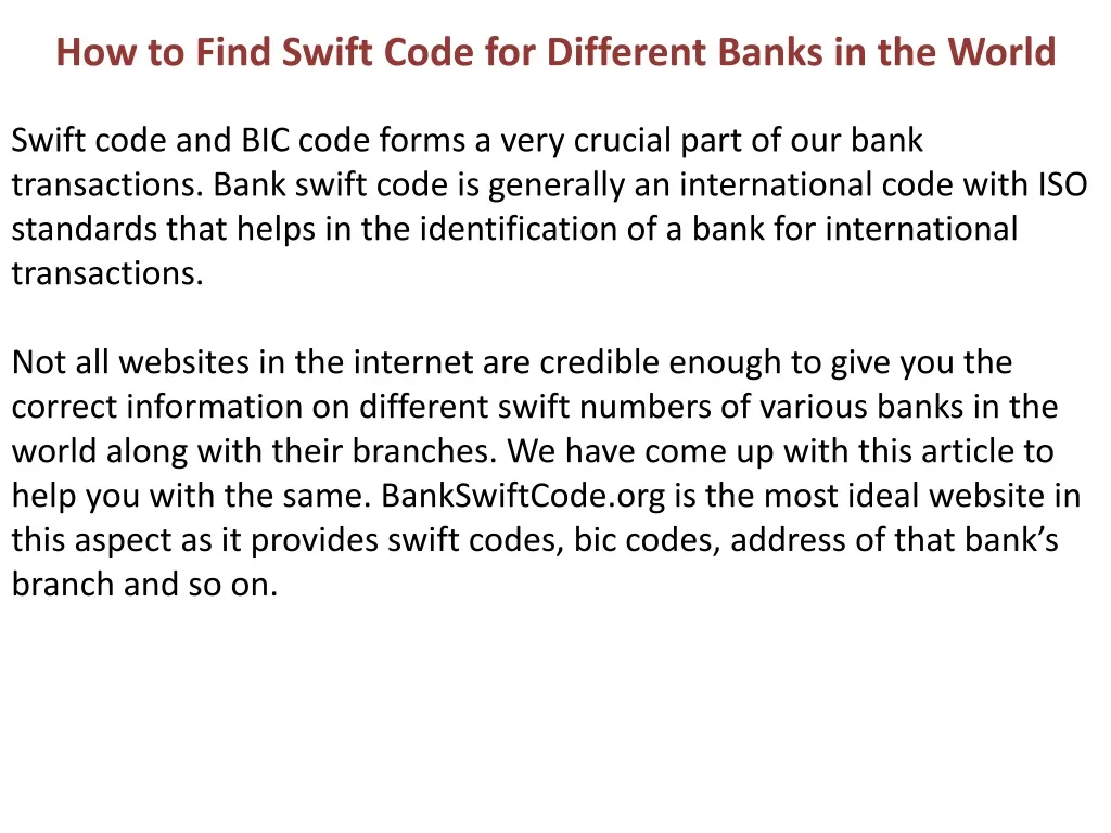 how to find swift code for different banks in the world