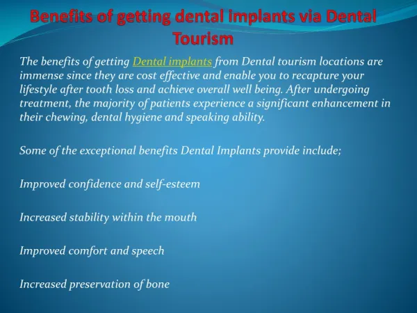 Benefits of getting dental implants via Dental Tourism