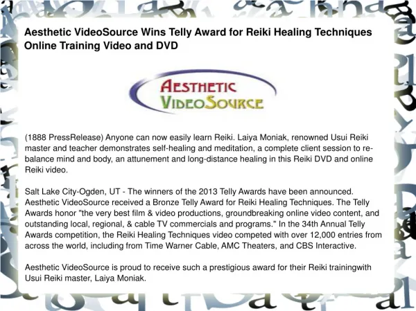 Aesthetic VideoSource Wins Telly Award for Reiki Healing