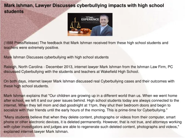 Mark Ishman, Lawyer Discusses cyberbullying impacts