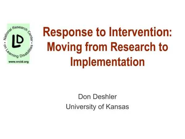 Response to Intervention: Moving from Research to Implementation
