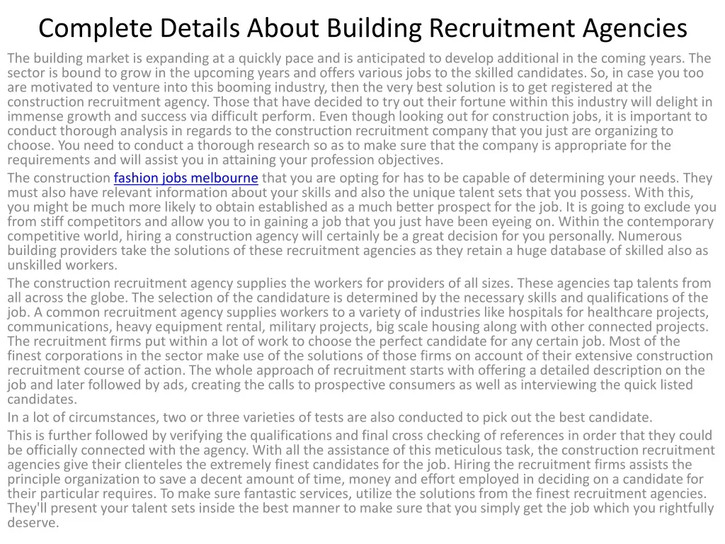 complete details about building recruitment agencies
