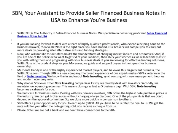 SBN, Your Assistant to Provide Seller Financed Business Note