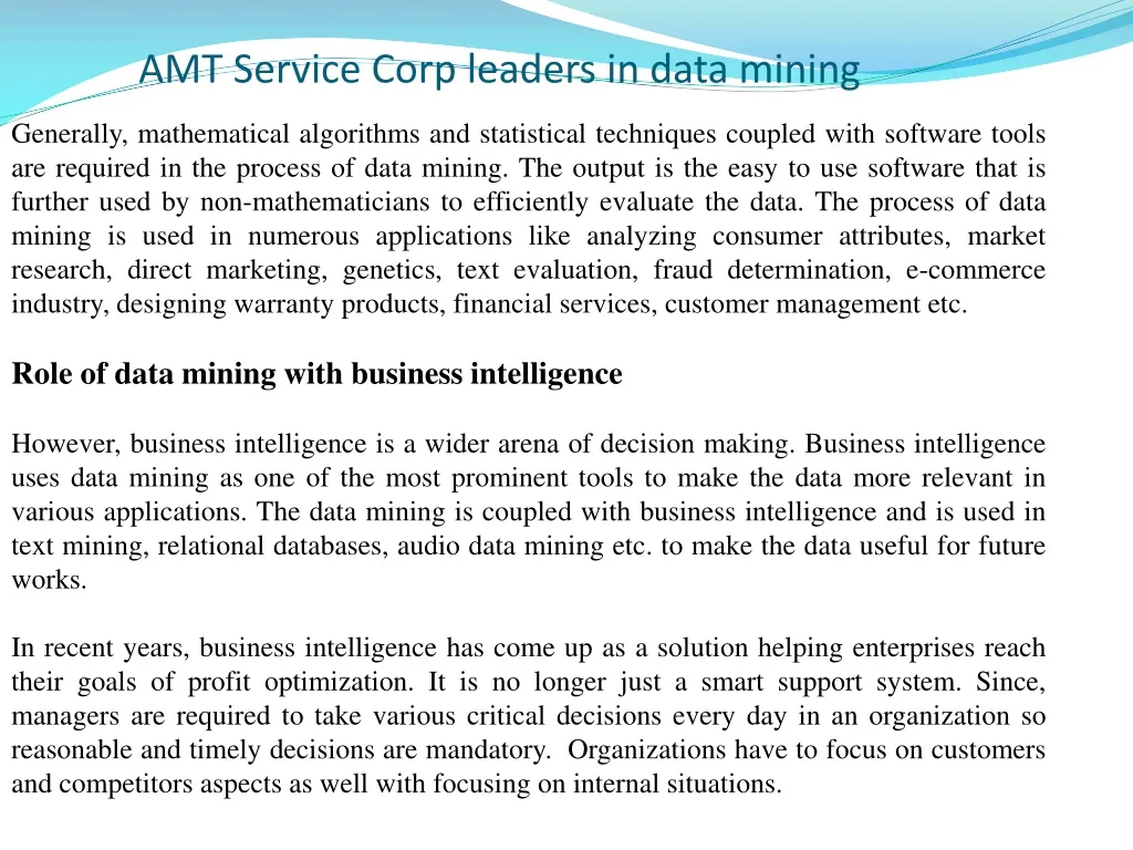 amt service corp leaders in data mining