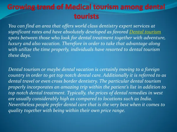Growing trend of Medical tourism among dental tourists