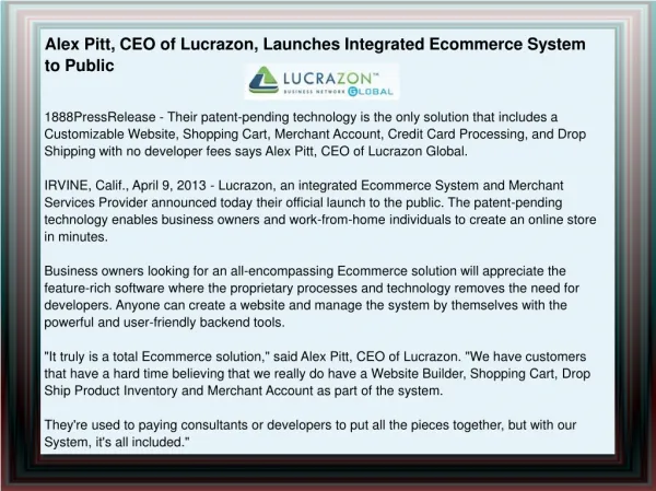 Alex Pitt, CEO of Lucrazon, Launches Integrated Ecommerce