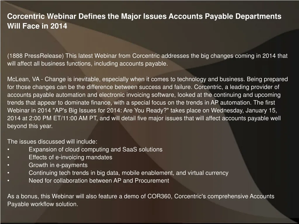 corcentric webinar defines the major issues