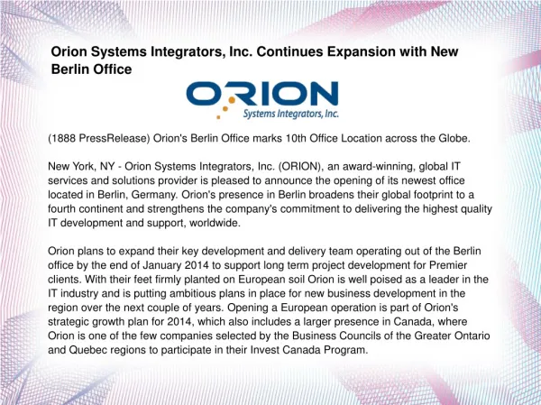 Orion Systems Integrators, Inc. Continues Expansion