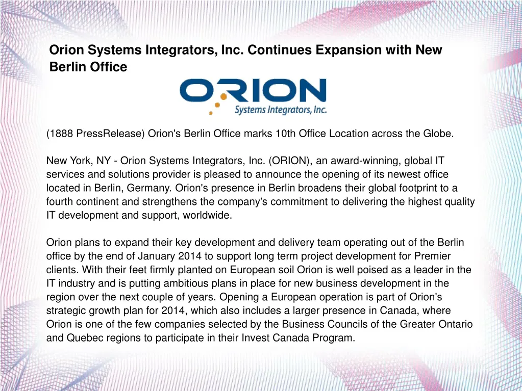 orion systems integrators inc continues expansion