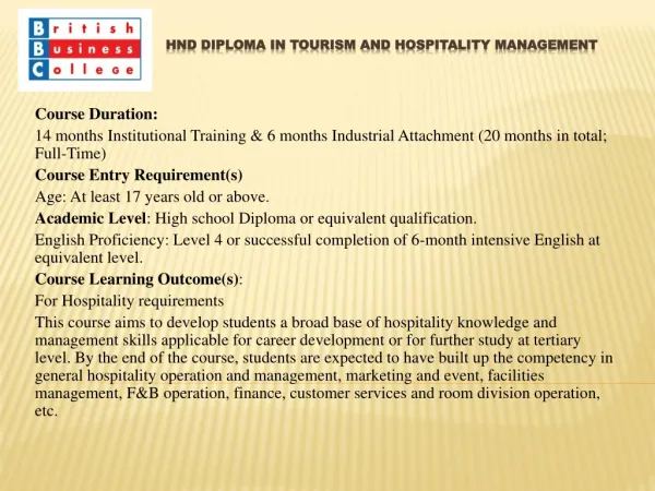 HND DIPLOMA IN TOURISM AND HOSPITALITY MANAGEMENT