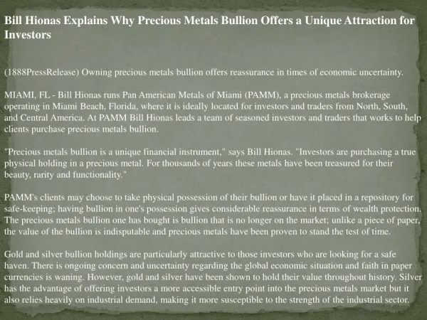 bill hionas explains why precious metals bullion offers a un