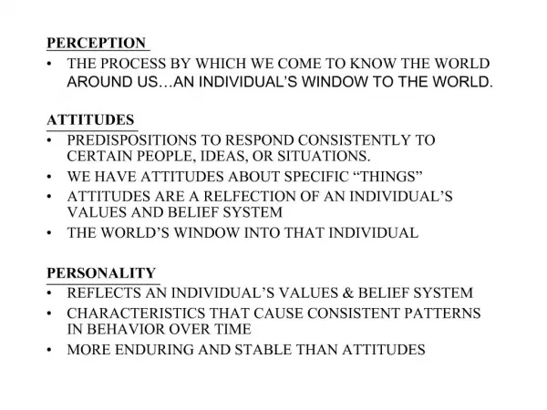 PERCEPTION THE PROCESS BY WHICH WE COME TO KNOW THE WORLD AROUND US AN INDIVIDUAL S WINDOW TO THE WORLD. ATTITUDES PRED