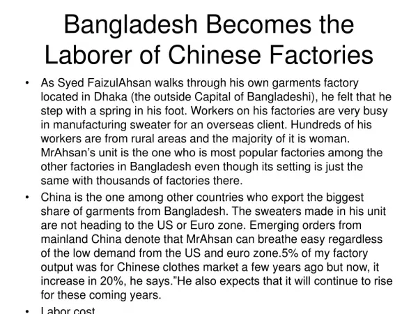 Bangladesh Becomes the Laborer of Chinese Factories