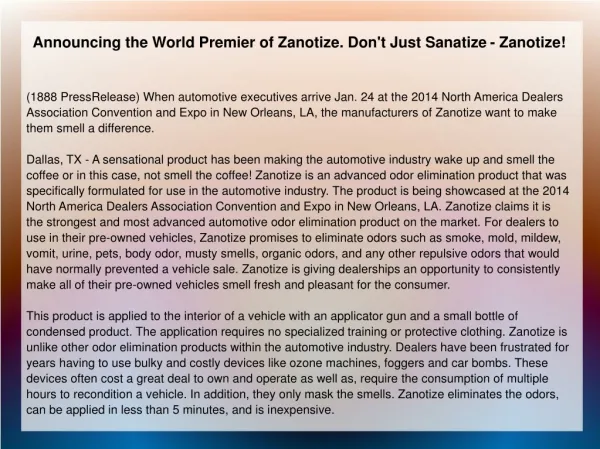Announcing the World Premier of Zanotize. Don't Just Sanatiz
