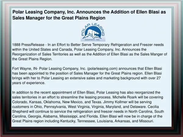 Polar Leasing Company, Inc. Announces the Addition