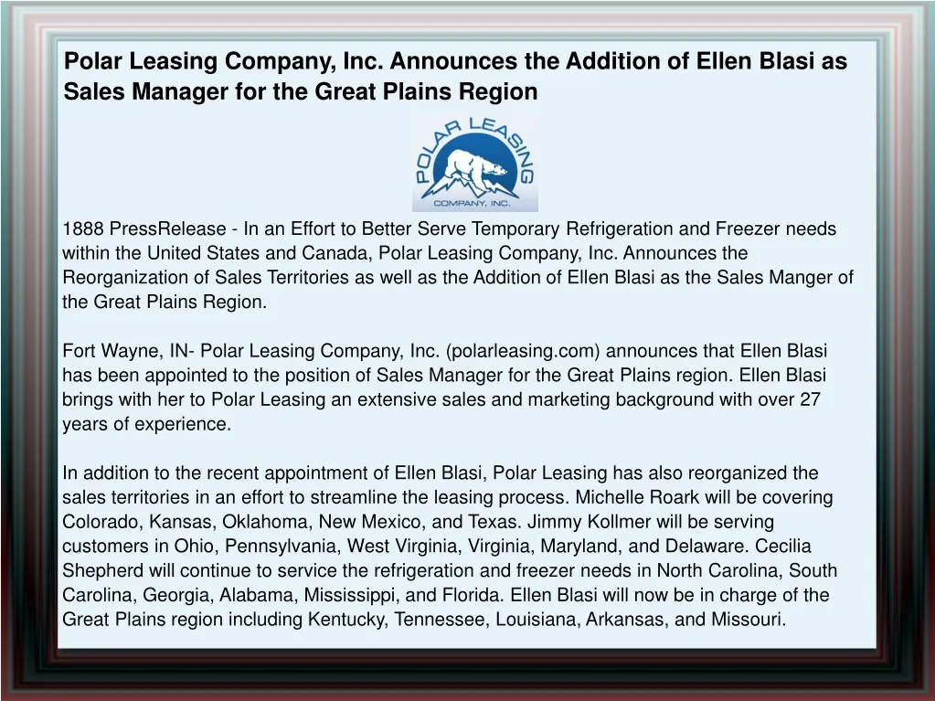 polar leasing company inc announces the addition