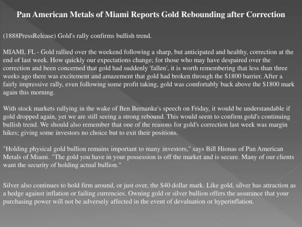 pan american metals of miami reports gold rebounding after c