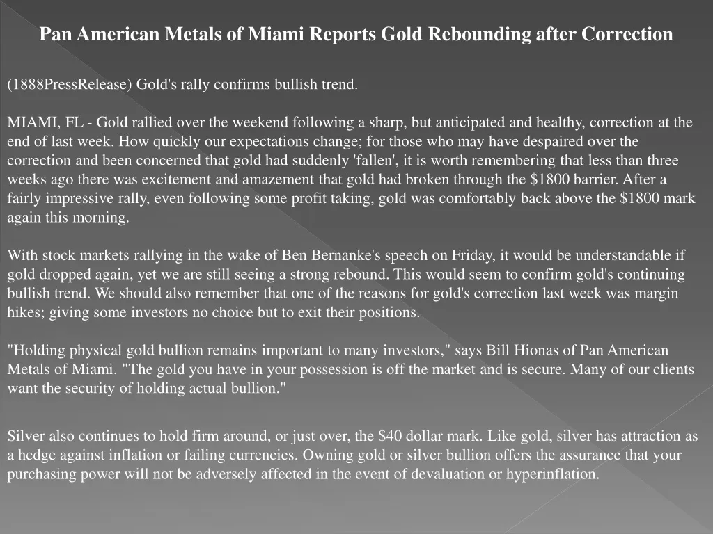 pan american metals of miami reports gold