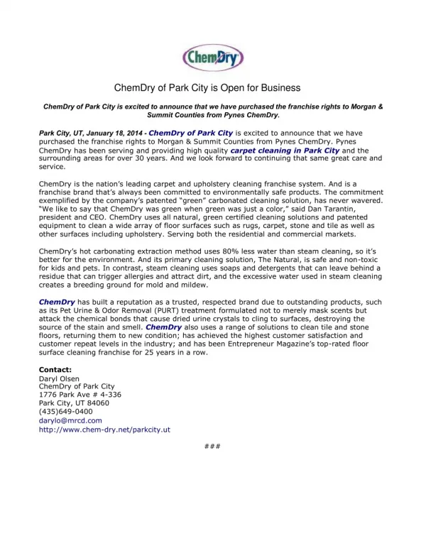 chemdry of park city is open for business