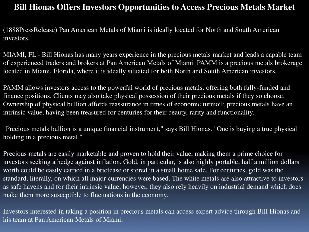 bill hionas offers investors opportunities