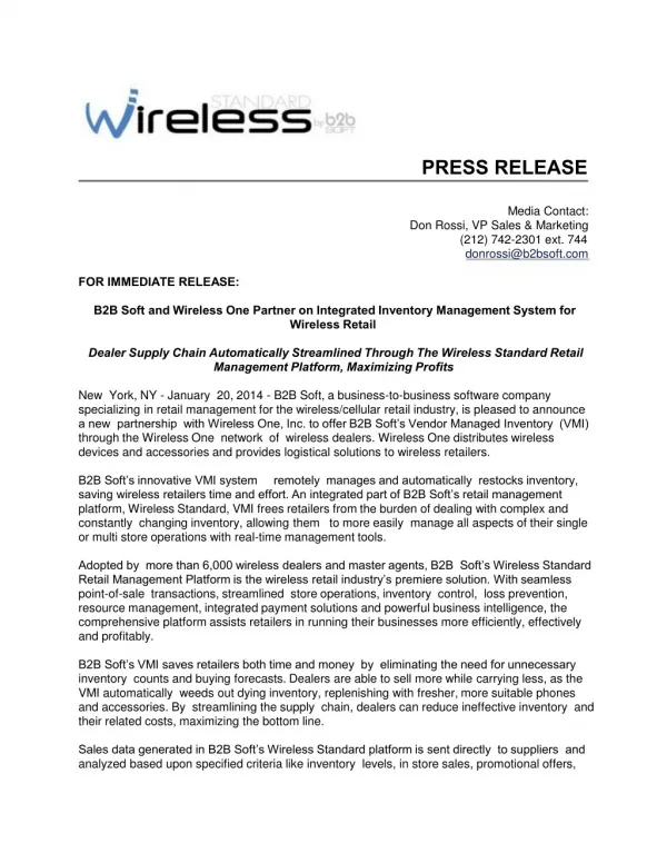 B2B Soft and Wireless One Partner on Integrated Inventory Ma