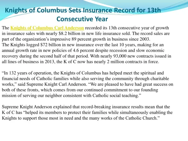 Knights of Columbus Sets Insurance Record for 13th Consecuti