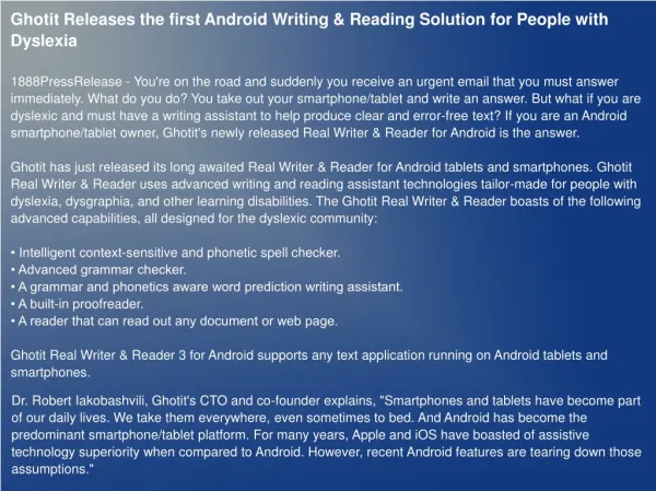 Ghotit Releases the first Android Writing