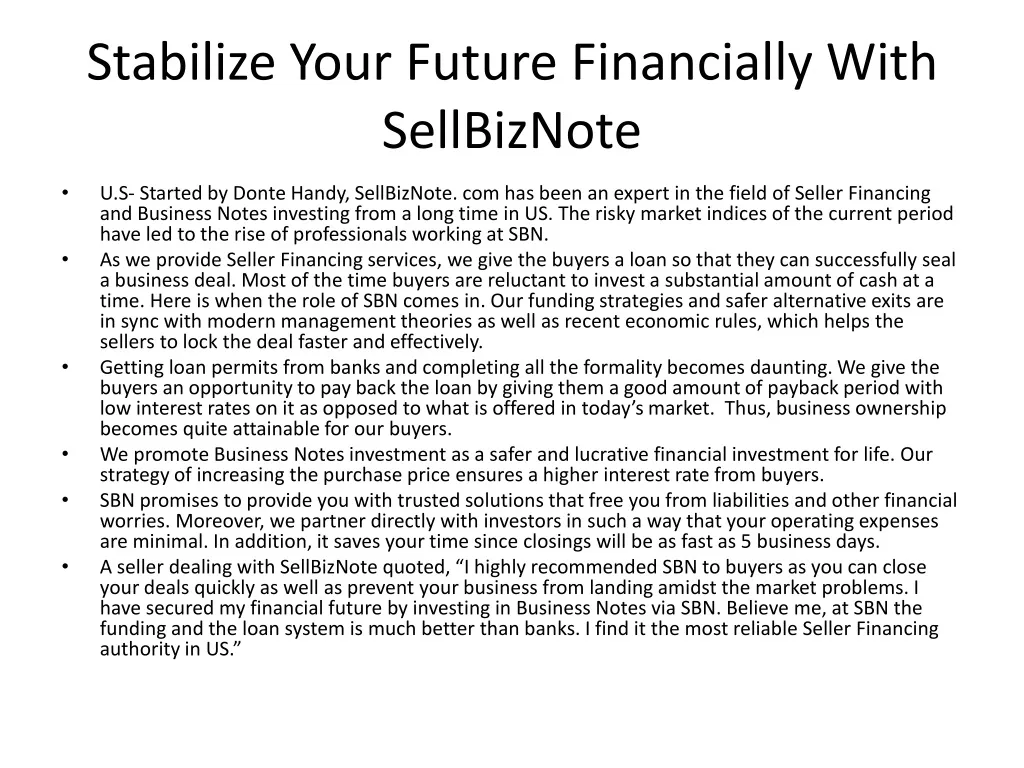 stabilize your future financially with sellbiznote