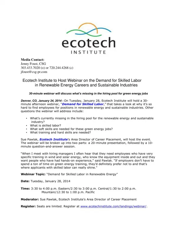 Ecotech Institute to Host Webinar on the Demand for Skilled
