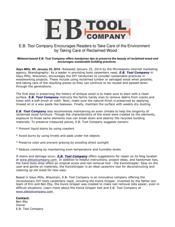 E.B. Tool Company Encourages Readers to Take Care of the Env