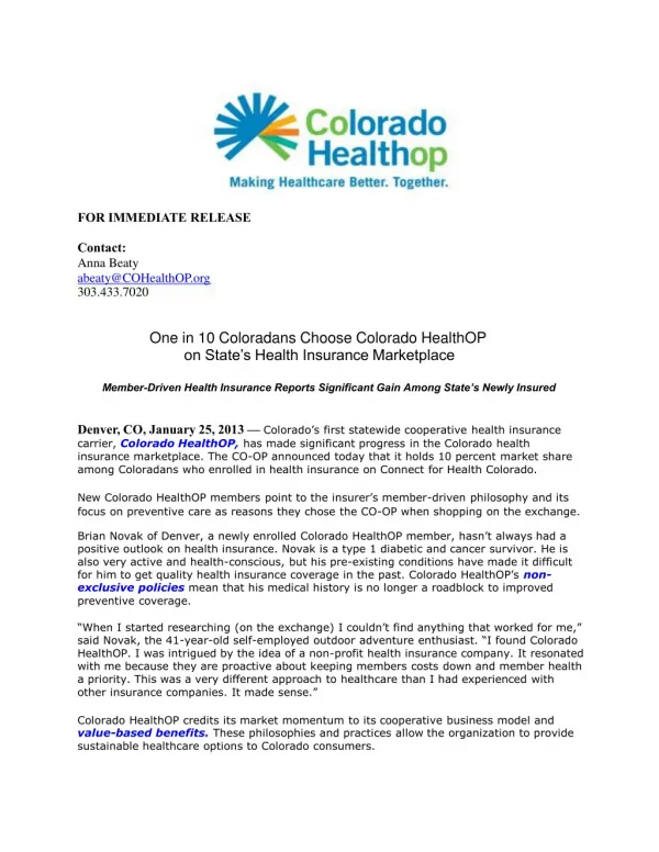 One in 10 Coloradans Choose Colorado HealthOP on State