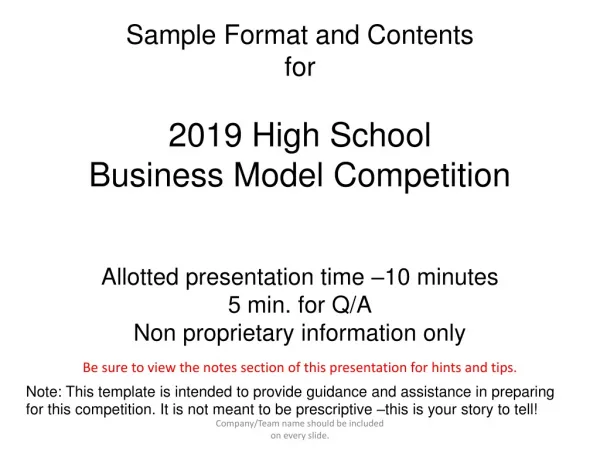 Sample Format and Contents for 2019 High School Business Model Competition