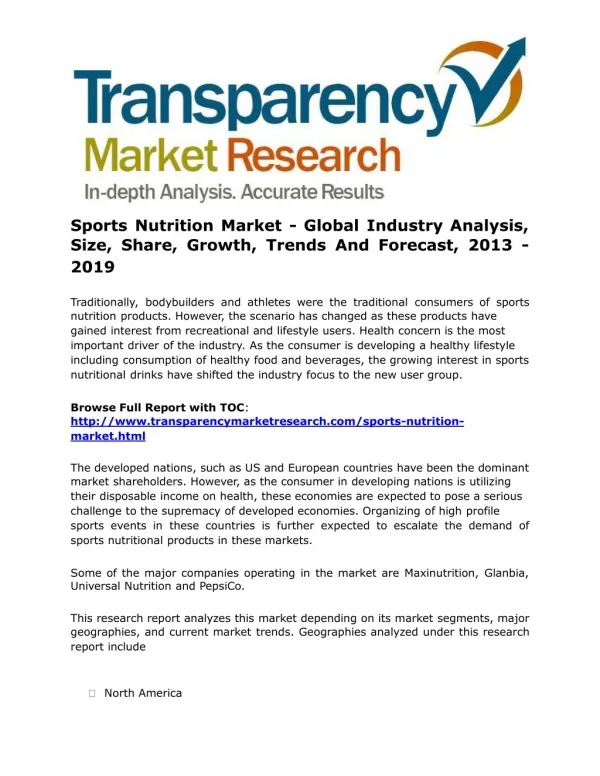 Sports Nutrition Market - Trends And Forecast, 2013 - 2019