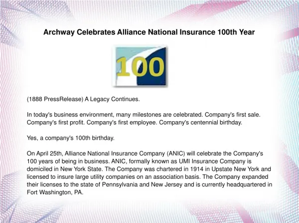 Archway Celebrates Alliance National Insurance 100th Year